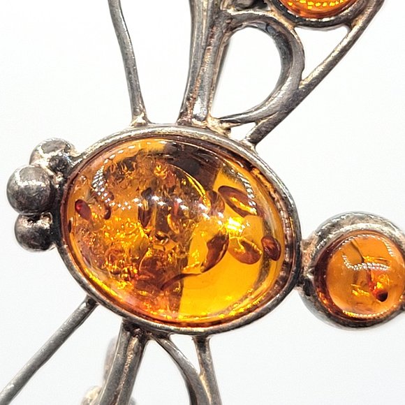Dragonfly Bug Insect Pin Brooch Silver 925 Amber Gems Poland Estate 2" - Picture 3 of 9